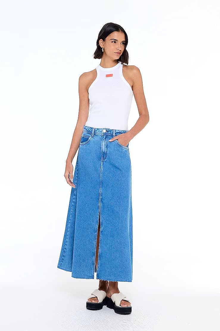 saia jeans longa fenda frontal