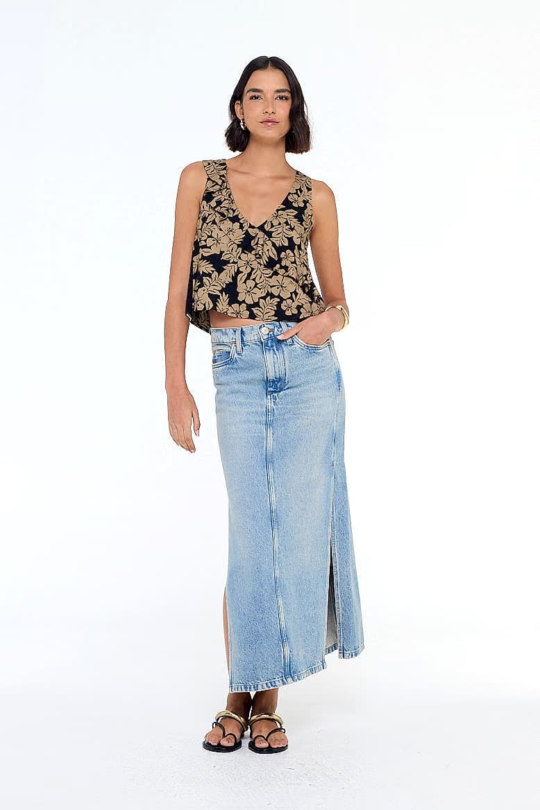 saia jeans longa fenda na lateral